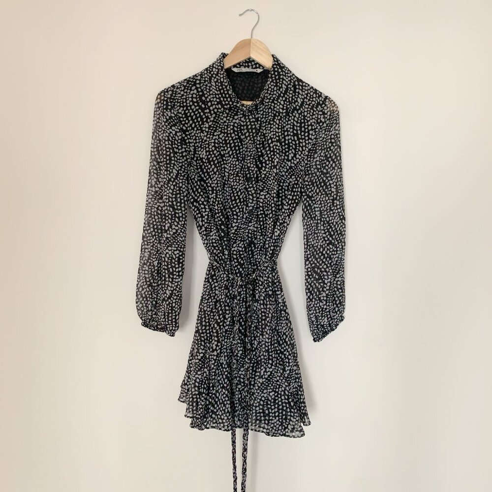SEMI-SHEER PRINTED PATTERN SHIRT DRESS WITH BRAIDED BELT